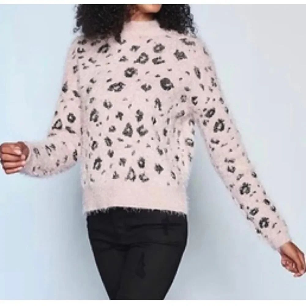 Candie's Eyelash Mock Neck Pullover Crewneck Leopard Print Sweater Cozy Chic XL - Picture 3 of 10